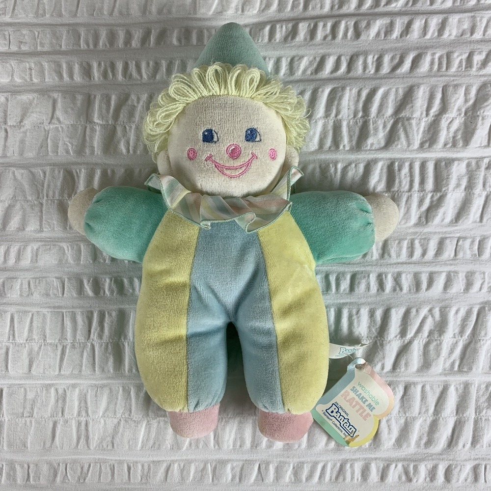 Vtg NWT‎ Bantam Pastel Clown Washable Rattle Pastel Lovey Plush Terrycloth NEW